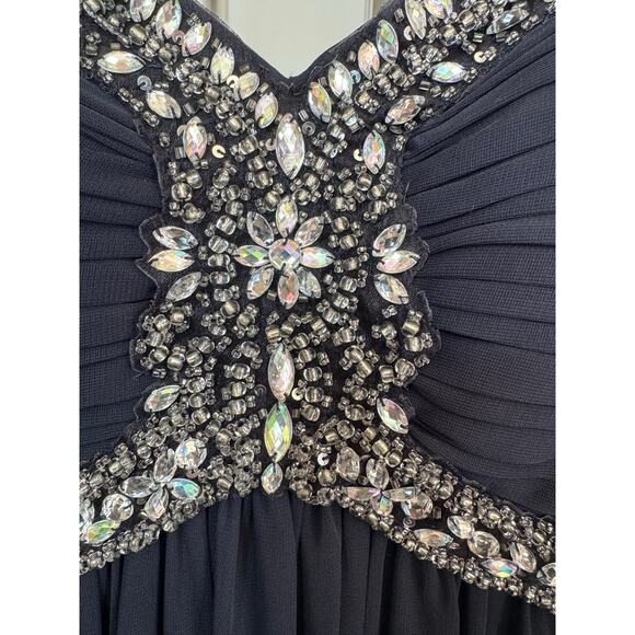 XSCAPE Navy Chiffon Jeweled Bodice Empire A-Line strapless Evening Gown 8 - Picture 5 of 16
